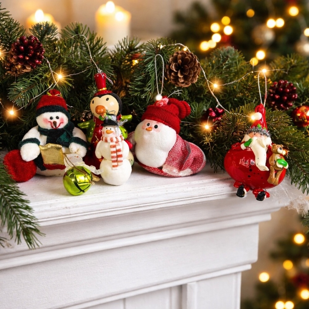 Y2K Christmas Ornament Lot of 6 Santa Penguin Snowman Plush Resin Holiday Decor‎